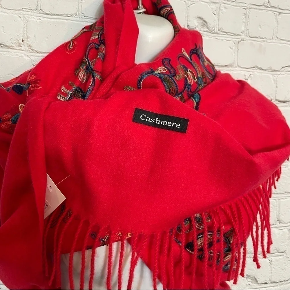 Red Embroidery Floral Flower Cashmere Long Fashion Scarf Wrap